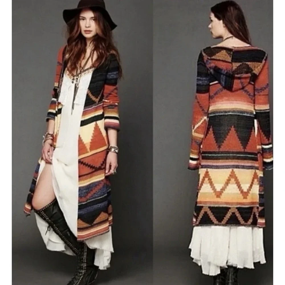 Free People Aztec Lima Duster Cardigan L Hooded Southwestern Boho Festival Wool